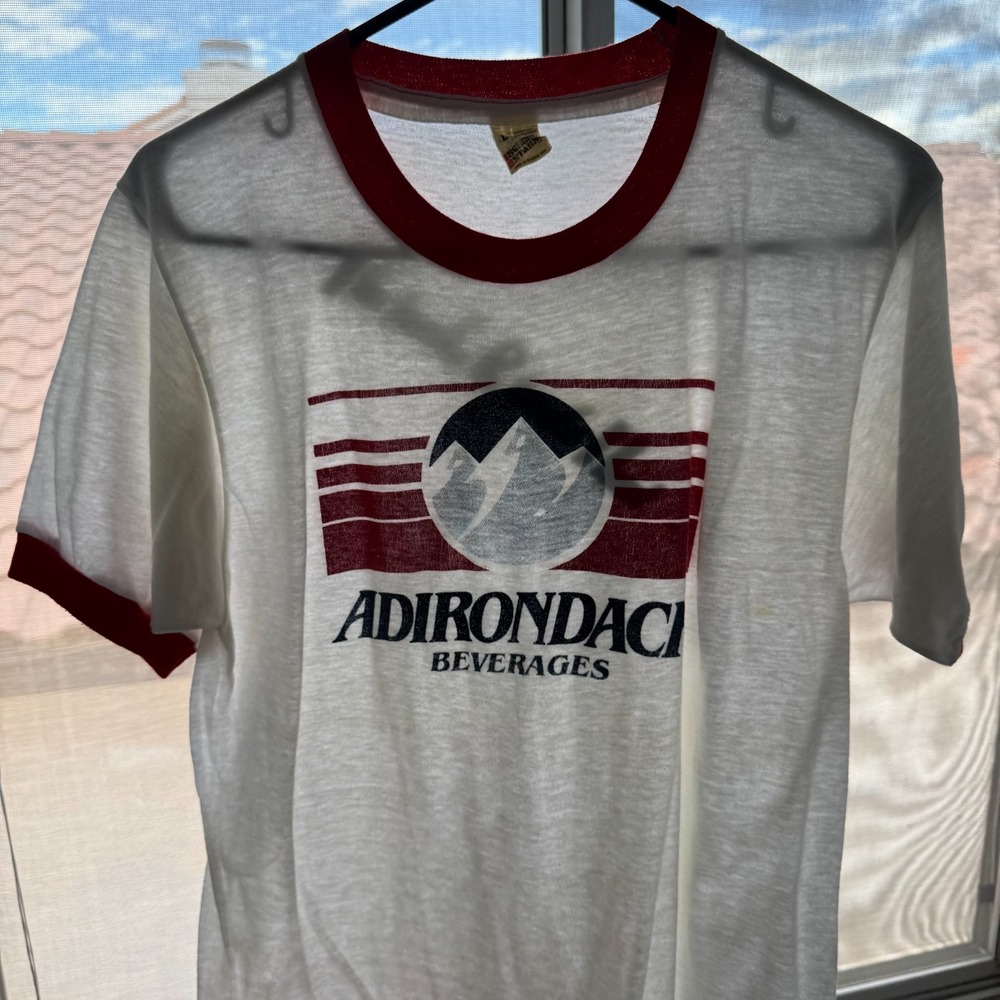 Vintage Paper Thin T Shirt Mens Large Ringer Adirondack Bev Arabic Text USA MADE